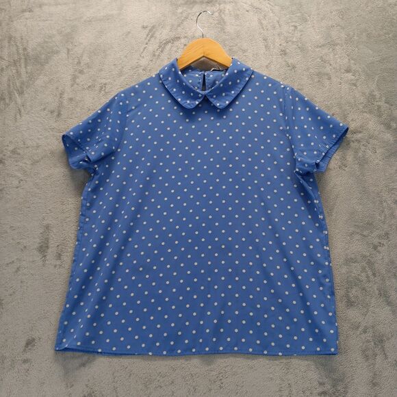 Forever 21 Womens Size M Blue Polka Dot Short Sleeve Peter Pan Collar Blouse Top - Picture 6 of 10